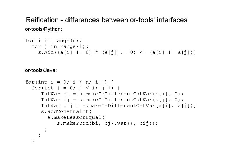 Reification - differences between or-tools' interfaces or-tools/Python: for i in range(n): for j in Reification - differences between or-tools' interfaces or-tools/Python: for i in range(n): for j in