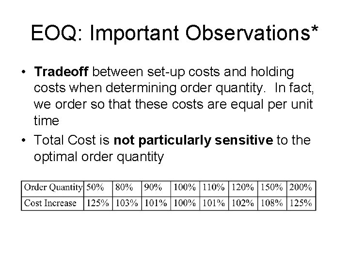 EOQ: Important Observations* • Tradeoff between set-up costs and holding costs when determining order