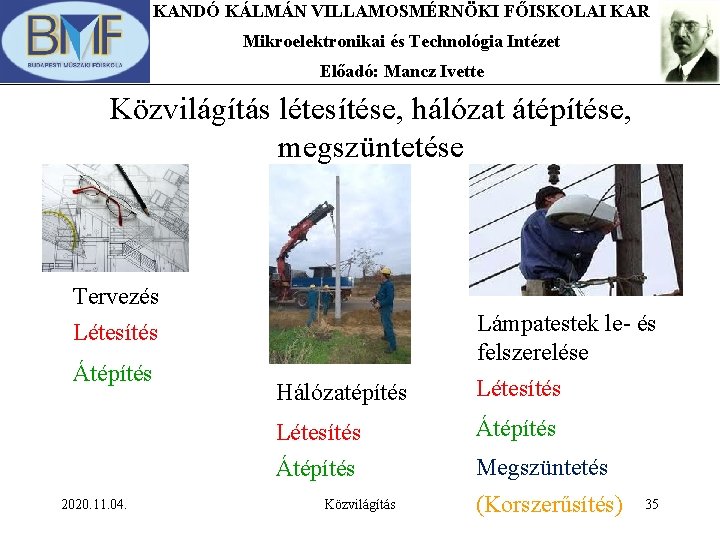 KANDÓ KÁLMÁN VILLAMOSMÉRNÖKI FŐISKOLAI KAR Mikroelektronikai és Technológia Intézet Előadó: Mancz Ivette Közvilágítás létesítése, KANDÓ KÁLMÁN VILLAMOSMÉRNÖKI FŐISKOLAI KAR Mikroelektronikai és Technológia Intézet Előadó: Mancz Ivette Közvilágítás létesítése,