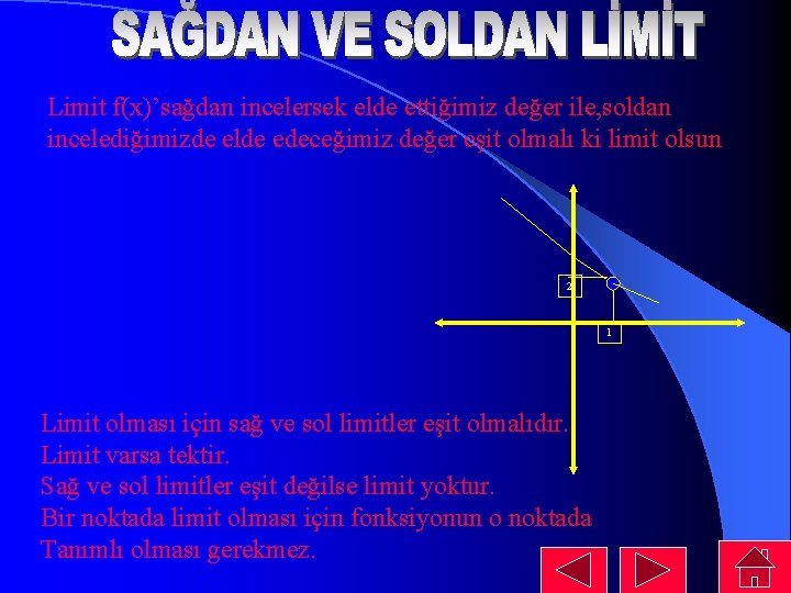 Limit f(x)’sağdan incelersek elde ettiğimiz değer ile, soldan incelediğimizde elde edeceğimiz değer eşit olmalı Limit f(x)’sağdan incelersek elde ettiğimiz değer ile, soldan incelediğimizde elde edeceğimiz değer eşit olmalı