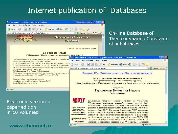 Internet publication of Databases On-line Database of Thermodynamic Constants of substances Electronic version of