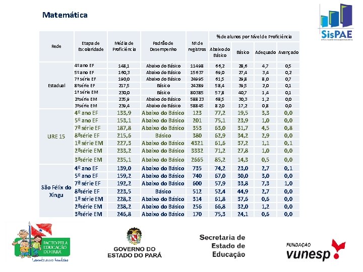 Matemática % de alunos por Nível de Proficiência Rede Estadual Etapa de Escolaridade 4º