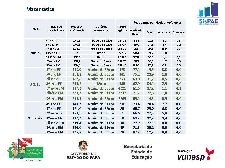 Matemática % de alunos por Nível de Proficiência Rede Estadual URE 15 Sapucaia Etapa