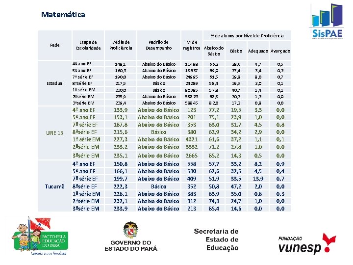 Matemática % de alunos por Nível de Proficiência Rede Estadual URE 15 Tucumã Etapa