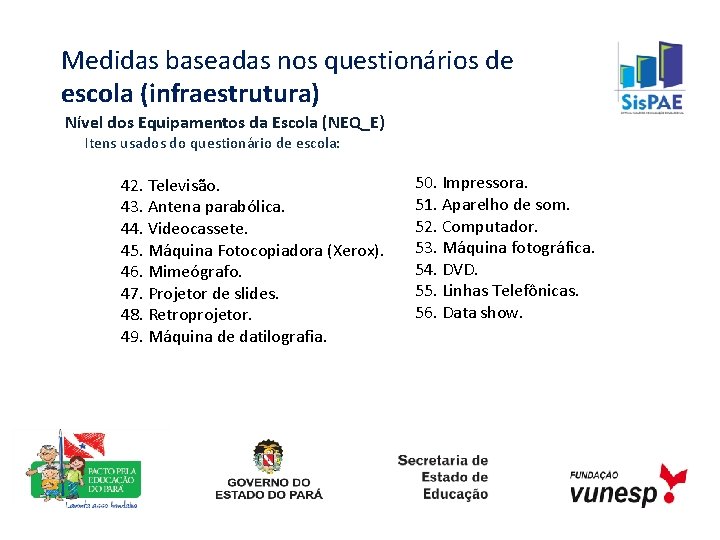 Medidas baseadas nos questionários de escola (infraestrutura) Nível dos Equipamentos da Escola (NEQ_E) Itens