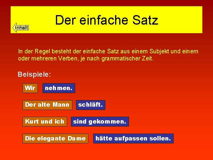 Der einfache Satz Inhalt In der Regel besteht der einfache Satz aus einem Subjekt