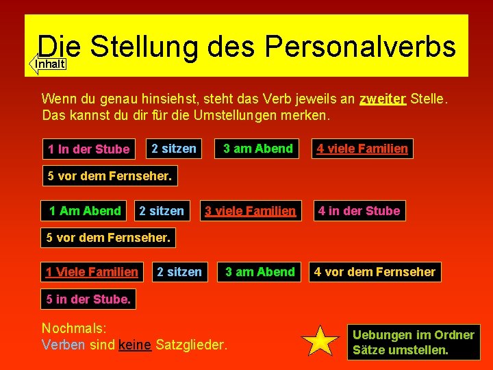 Die Stellung des Personalverbs Inhalt Wenn du genau hinsiehst, steht das Verb jeweils an