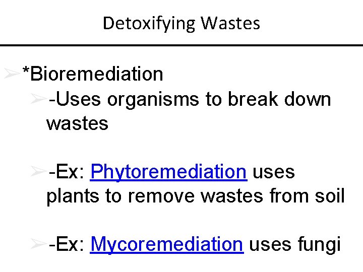 Detoxifying Wastes ➢*Bioremediation ➢-Uses organisms to break down wastes ➢-Ex: Phytoremediation uses plants to