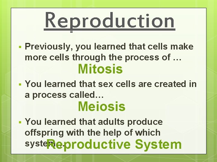 Reproduction § Previously, you learned that cells make more cells through the process of
