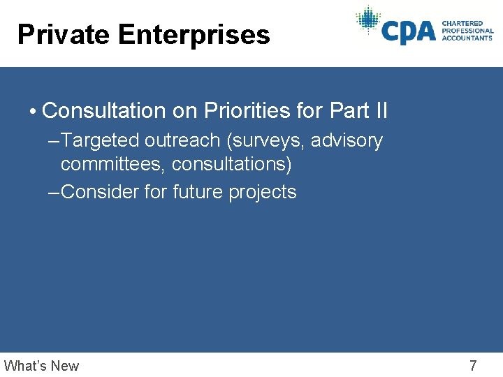 Private Enterprises • Consultation on Priorities for Part II – Targeted outreach (surveys, advisory