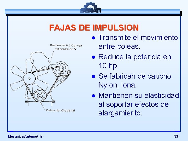 FAJAS DE IMPULSION l l Mecánica Automotriz Transmite el movimiento entre poleas. Reduce la