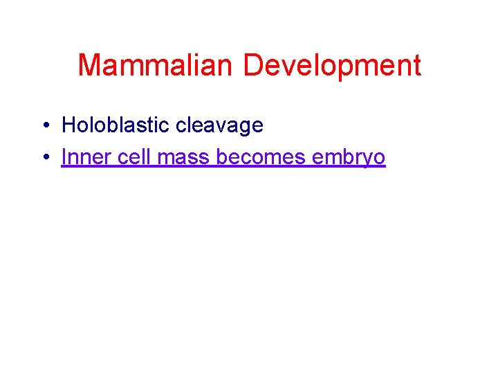 Mammalian Development • Holoblastic cleavage • Inner cell mass becomes embryo 