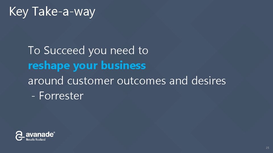 Key Take-a-way To Succeed you need to reshape your business around customer outcomes and