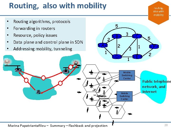 Routing, also with mobility • • • Routing algorithms, protocols Forwarding in routers Resource,