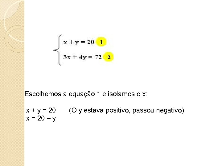  Escolhemos a equação 1 e isolamos o x: x + y = 20