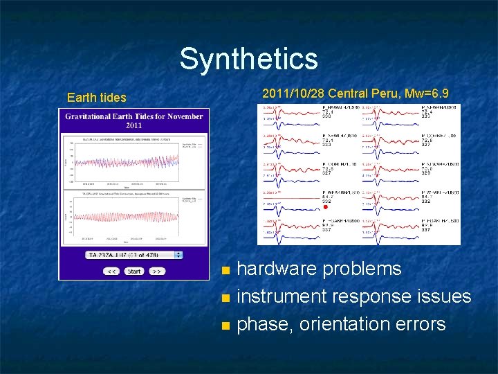 Synthetics 2011/10/28 Central Peru, Mw=6. 9 Earth tides n n n hardware problems instrument