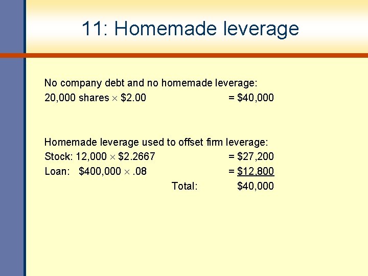 11: Homemade leverage No company debt and no homemade leverage: 20, 000 shares $2. 11: Homemade leverage No company debt and no homemade leverage: 20, 000 shares $2.