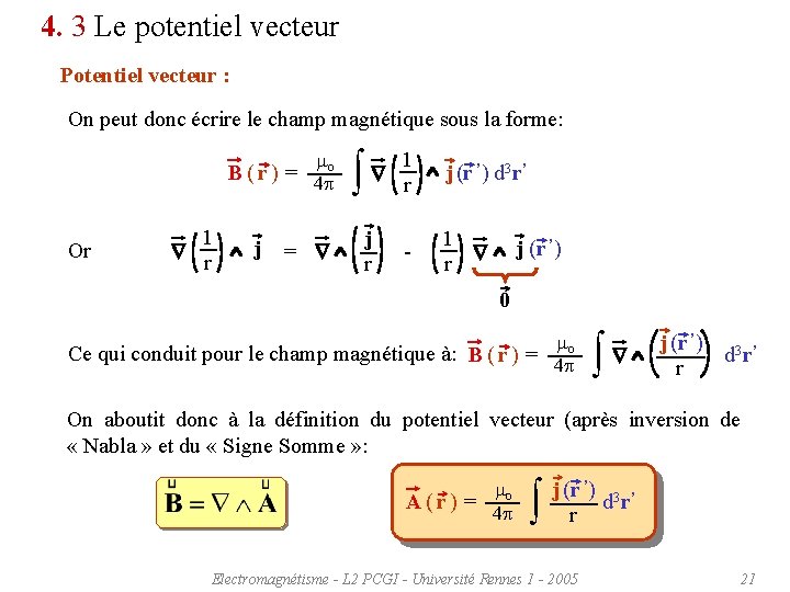 4. 3 Le potentiel vecteur Potentiel vecteur : On peut donc écrire le champ