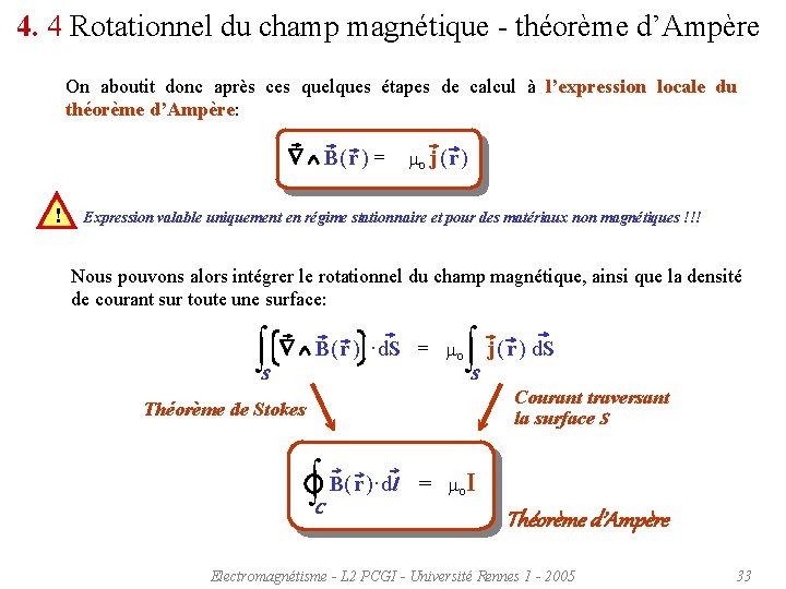 4. 4 Rotationnel du champ magnétique - théorème d’Ampère On aboutit donc après ces