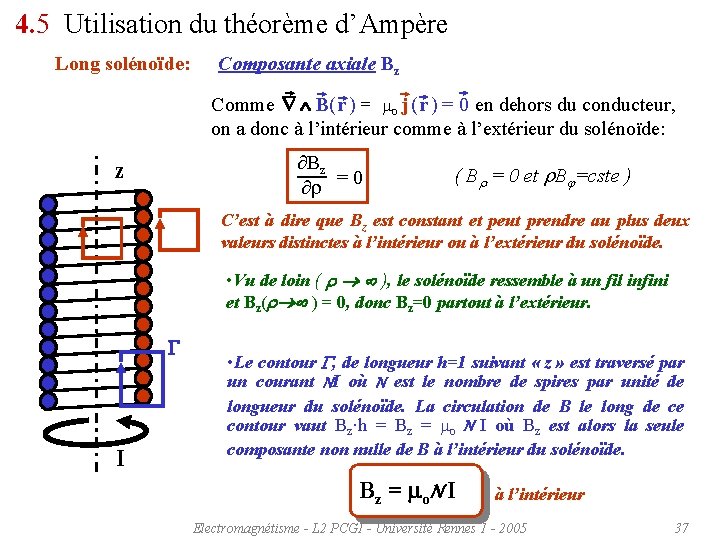 4. 5 Utilisation du théorème d’Ampère Long solénoïde: Composante axiale Bz B( r )