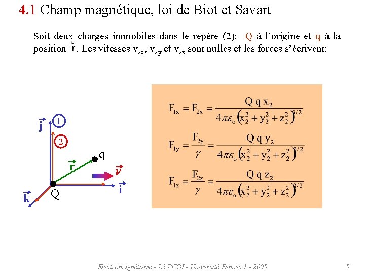 4. 1 Champ magnétique, loi de Biot et Savart Soit deux charges immobiles dans