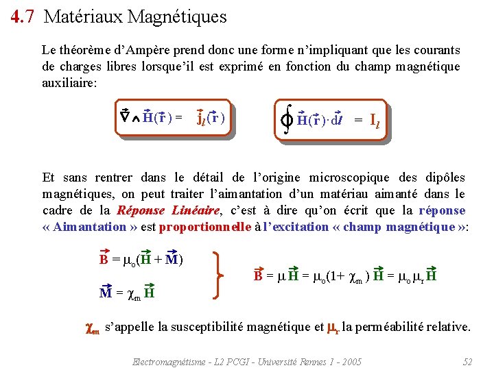 4. 7 Matériaux Magnétiques Le théorème d’Ampère prend donc une forme n’impliquant que les