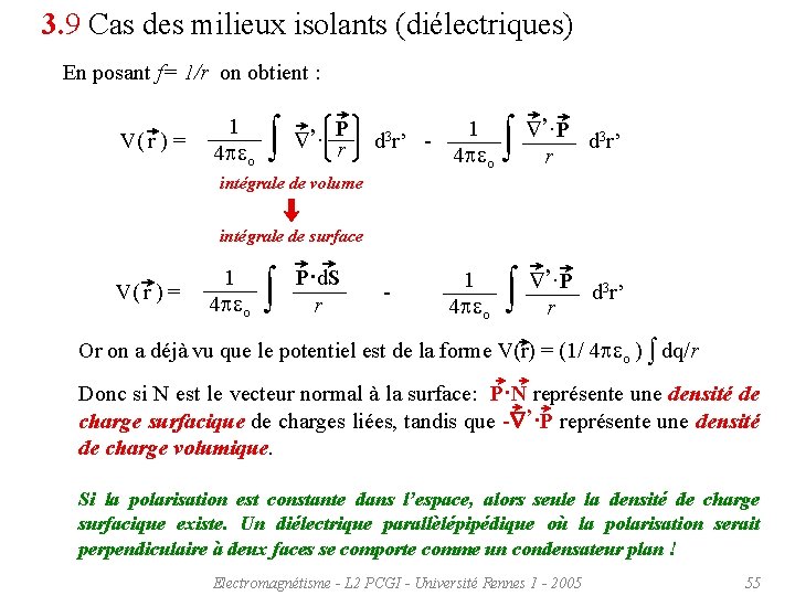 3. 9 Cas des milieux isolants (diélectriques) En posant f= 1/r on obtient :
