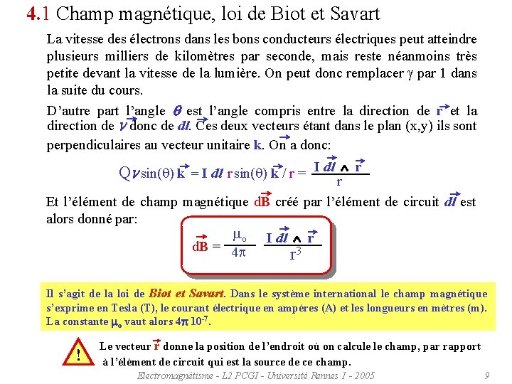 4. 1 Champ magnétique, loi de Biot et Savart La vitesse des électrons dans