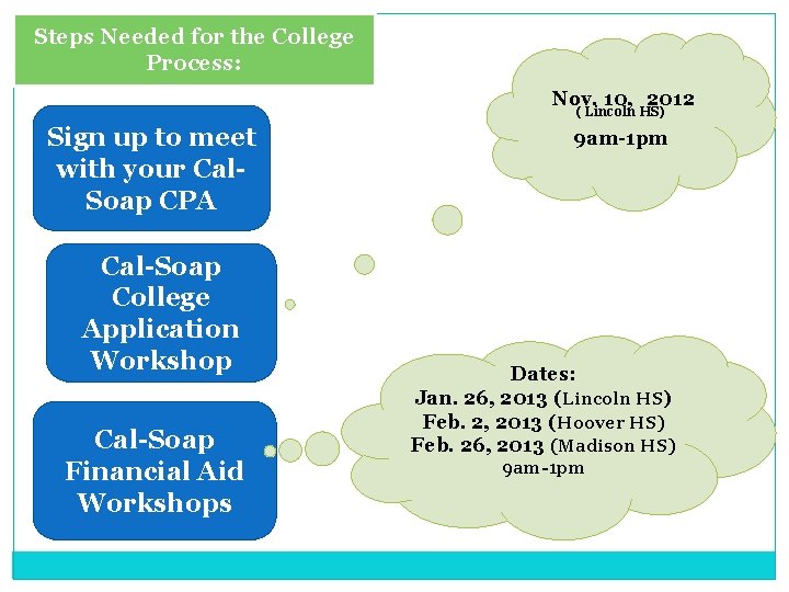 Steps Needed for the College Process: Nov. 10, 2012 ( Lincoln HS) Sign up