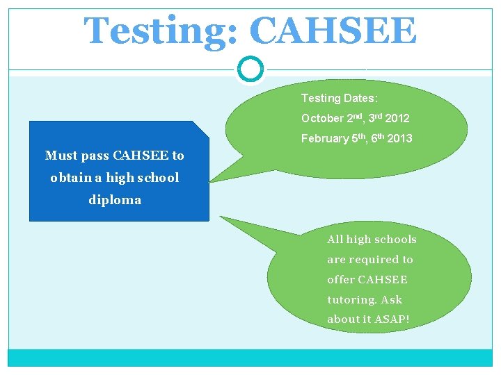 Testing: CAHSEE Testing Dates: October 2 nd, 3 rd 2012 February 5 th, 6