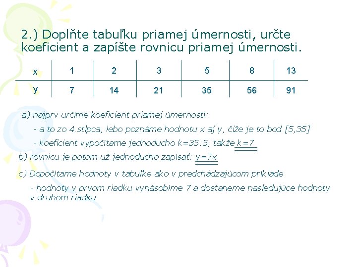 2. ) Doplňte tabuľku priamej úmernosti, určte koeficient a zapíšte rovnicu priamej úmernosti. x