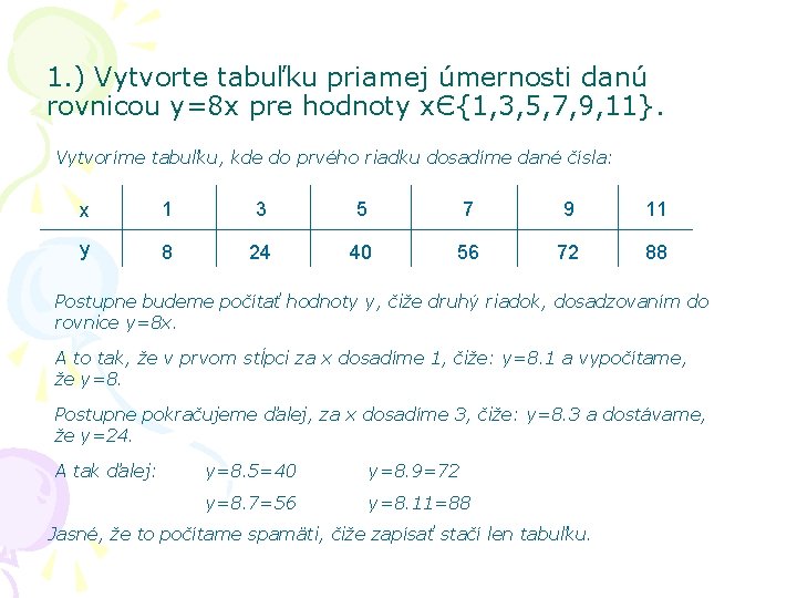 1. ) Vytvorte tabuľku priamej úmernosti danú rovnicou y=8 x pre hodnoty xЄ{1, 3,