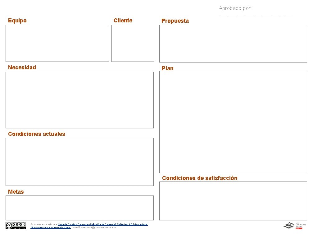 Aprobado por: _____________ Equipo Cliente Necesidad Propuesta Plan Condiciones actuales Condiciones de satisfacción Metas