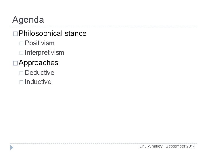 Agenda � Philosophical stance � Positivism � Interpretivism � Approaches � Deductive � Inductive