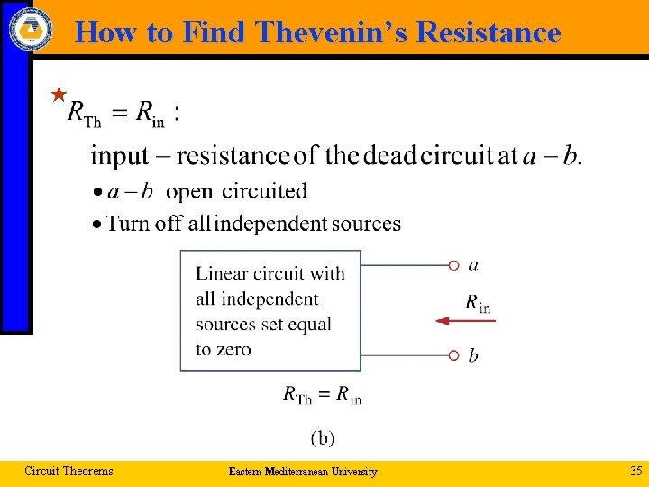 How to Find Thevenin’s Resistance « Circuit Theorems Eastern Mediterranean University 35 