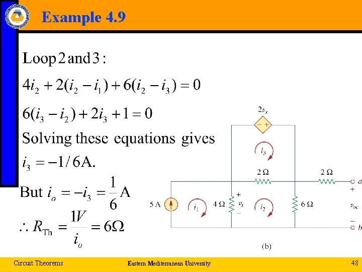 Example 4. 9 Circuit Theorems Eastern Mediterranean University 48 