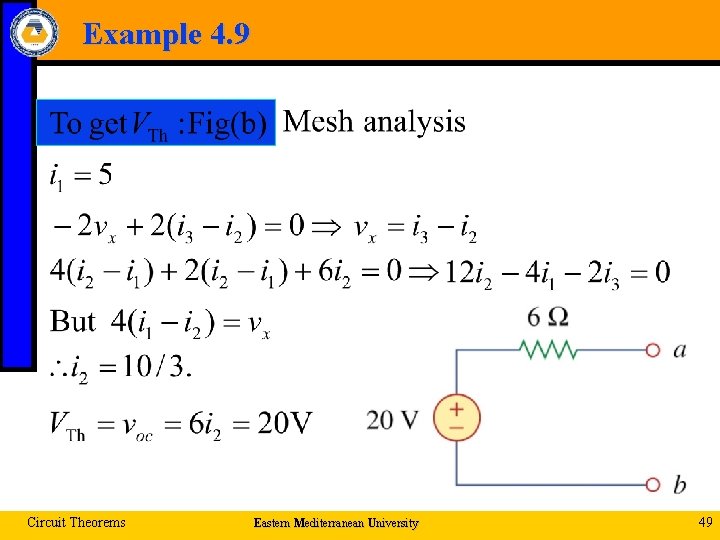 Example 4. 9 Circuit Theorems Eastern Mediterranean University 49 