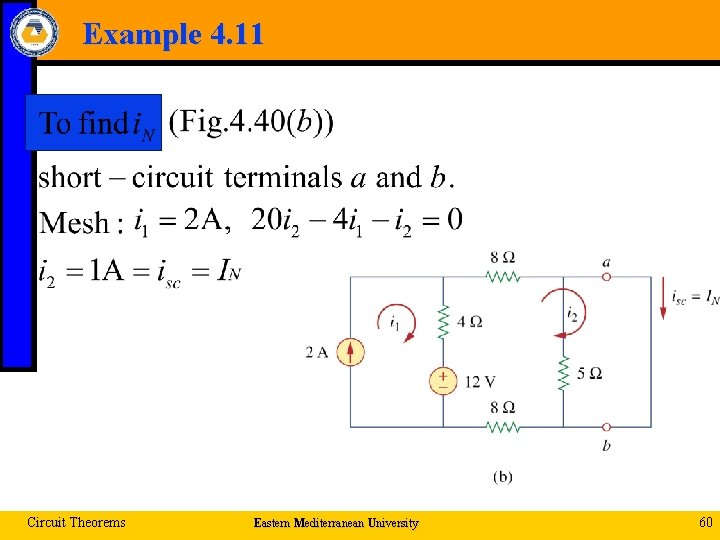 Example 4. 11 Circuit Theorems Eastern Mediterranean University 60 