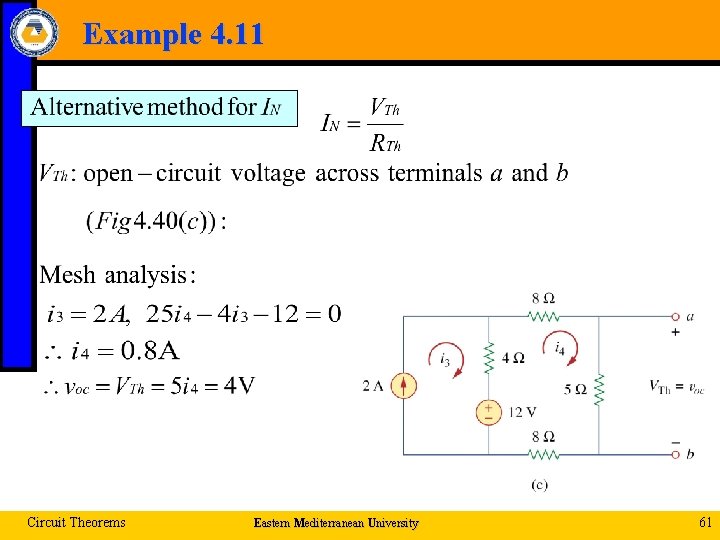 Example 4. 11 Circuit Theorems Eastern Mediterranean University 61 