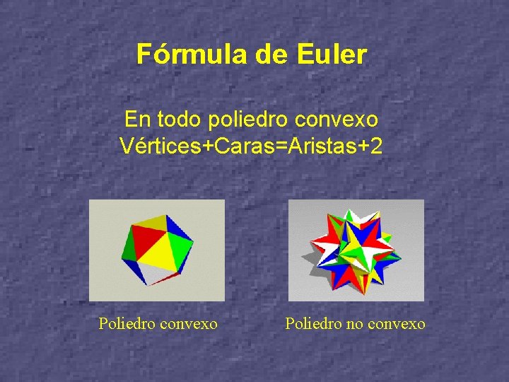 Fórmula Euler Fórmula de de Euler En todo poliedro convexo Vértices+Caras=Aristas+2 Poliedro convexo Poliedro