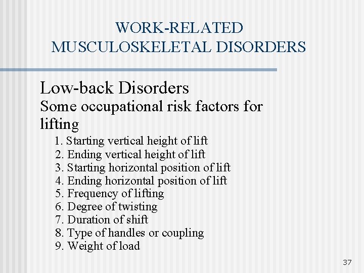 WORK-RELATED MUSCULOSKELETAL DISORDERS Low-back Disorders Some occupational risk factors for lifting 1. Starting vertical