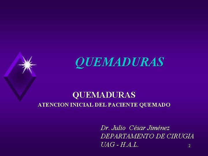 QUEMADURAS ATENCION INICIAL DEL PACIENTE QUEMADO Dr. Julio César Jiménez DEPARTAMENTO DE CIRUGIA UAG