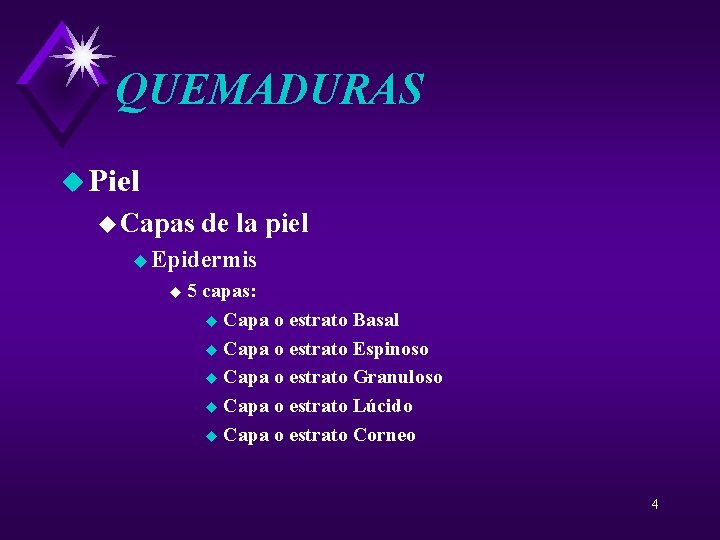 QUEMADURAS u Piel u Capas de la piel u Epidermis u 5 capas: u