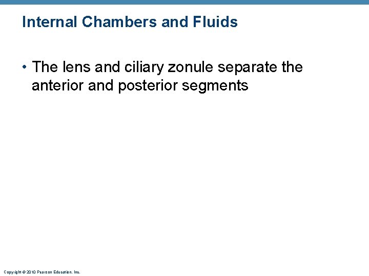Internal Chambers and Fluids • The lens and ciliary zonule separate the anterior and