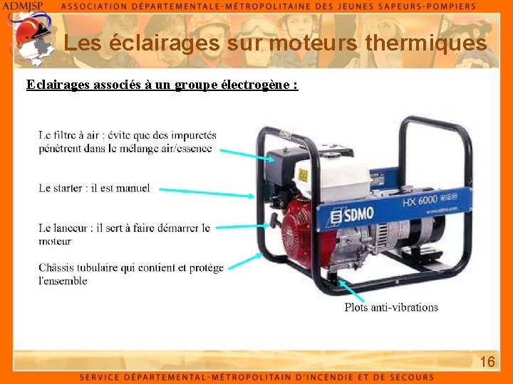 Les éclairages sur moteurs thermiques Eclairages associés à un groupe électrogène : 16 