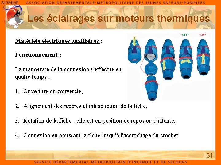 Les éclairages sur moteurs thermiques Matériels électriques auxiliaires : Fonctionnement : La manœuvre de