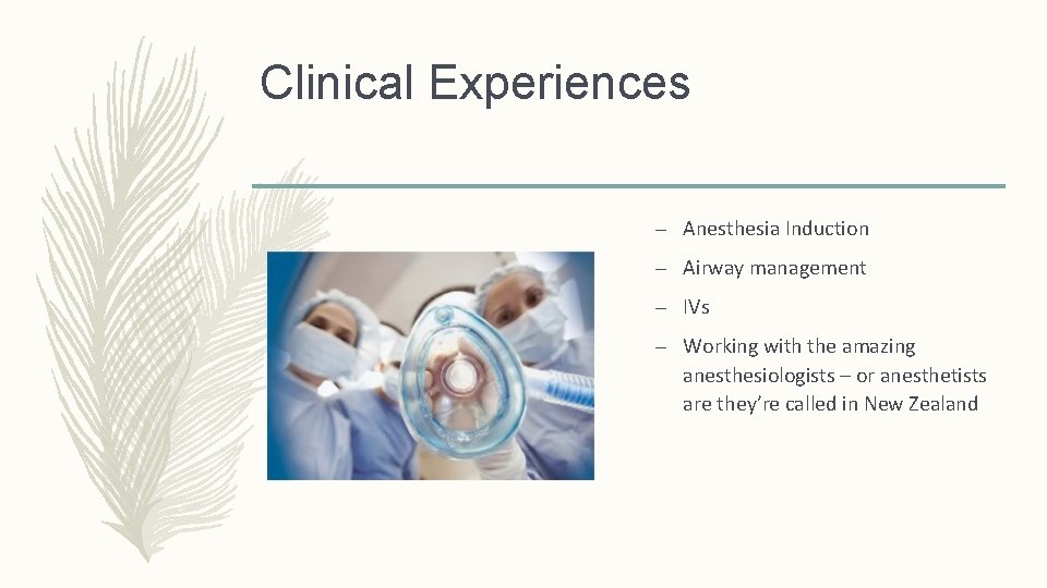 Clinical Experiences – Anesthesia Induction – Airway management – IVs – Working with the