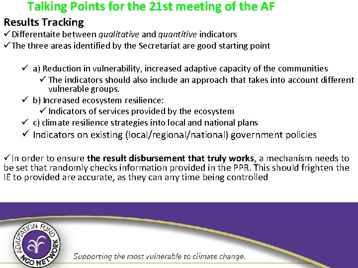 Talking Points for the 21 st meeting of the AF Results Tracking üDifferentaite between