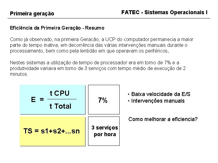 FATEC - Sistemas Operacionais I Primeira geração Eficiência da Primeira Geração - Resumo Como