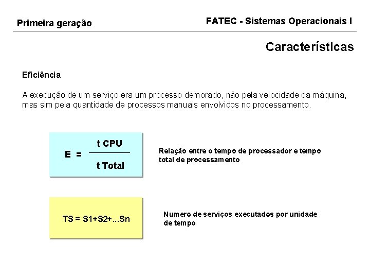FATEC - Sistemas Operacionais I Primeira geração Características Eficiência A execução de um serviço